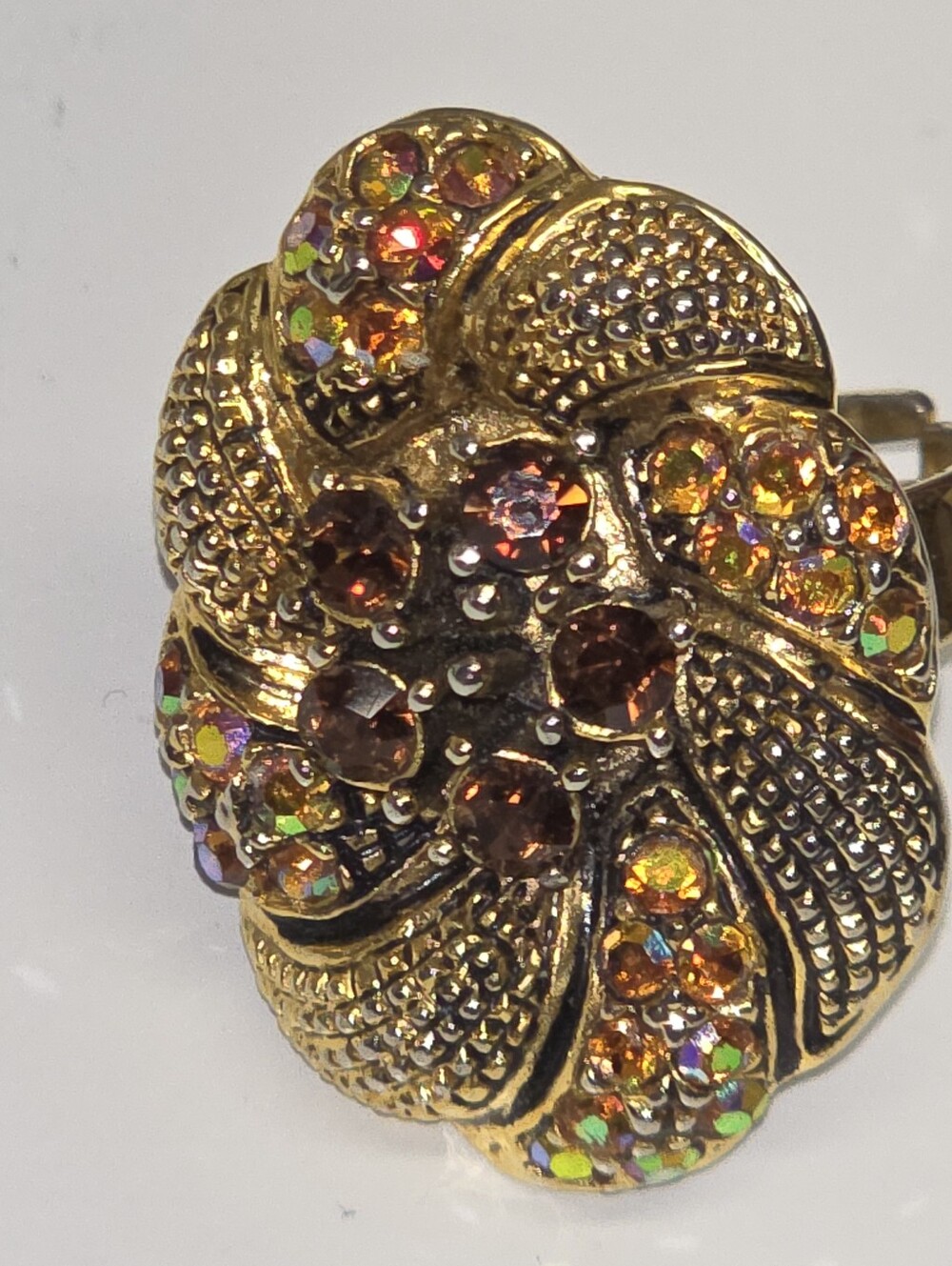 Gold-Tone Floral Cluster Adjustable Ring with Amber Crystals - Women Jewelry